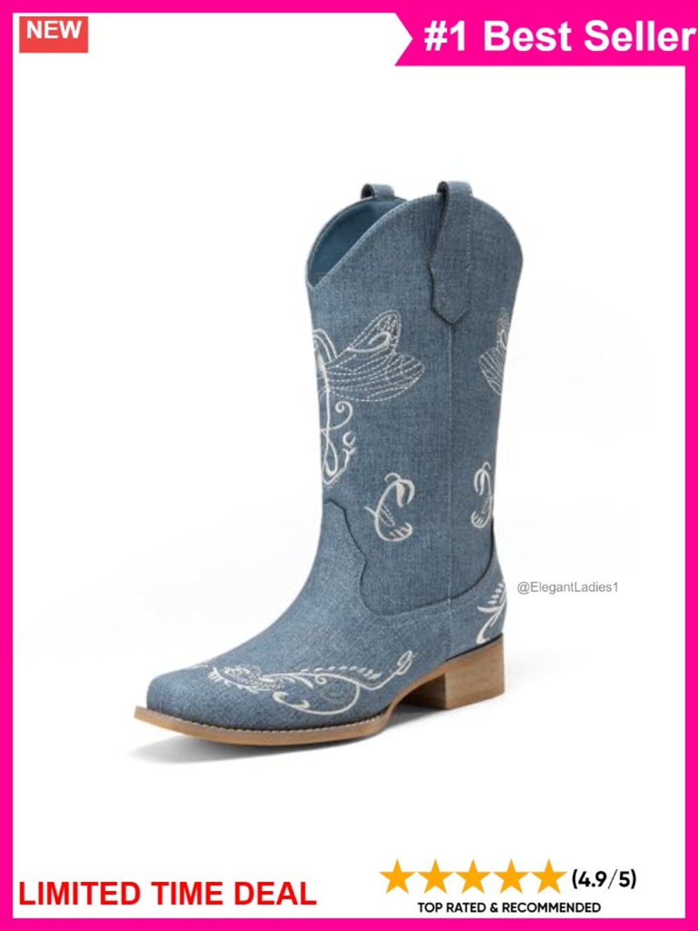 Dream Pairs Western Cowboy Boots Square Toe Embroidered Mid Calf